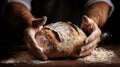 Baker\'s hands holding a loaf of fresh rustic bread. Baking healthy homemade bread. Generative AI